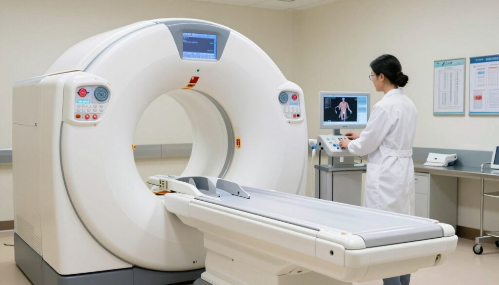 A detailed view of a computer tomography (CT) scanner in a modern medical environment, showcasing its intricate design and technology. In the foreground, the CT machine is prominently displayed, featuring a circular gantry with a seamless entry tunnel and digital screens. The middle ground includes a medical professional in a white lab coat, adjusting settings on a console, emphasizing the operational aspect of CT imaging. The background should feature softly lit, sterile hospital surroundings with medical charts and equipment, creating a clean and professional atmosphere. The lighting is bright yet soft, giving a clinical but welcoming feel. Include a subtle hint of anatomical images being processed on nearby monitors, highlighting the imaging capabilities of the CT scanner. A detailed view of a computer tomography (CT) scanner in a modern medical environment, showcasing its intricate design and technology. In the foreground, the CT machine is prominently displayed, featuring a circular gantry with a seamless entry tunnel and digital screens. The middle ground includes a medical professional in a white lab coat, adjusting settings on a console, emphasizing the operational aspect of CT imaging. The background should feature softly lit, sterile hospital surroundings with medical charts and equipment, creating a clean and professional atmosphere. The lighting is bright yet soft, giving a clinical but welcoming feel. Include a subtle hint of anatomical images being processed on nearby monitors, highlighting the imaging capabilities of the CT scanner.