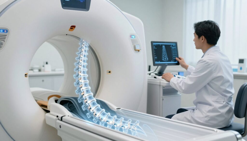 A detailed view of a magnetic resonance imaging (MRI) machine focusing on the human spine. In the foreground, a sleek, modern MRI scanner is shown with the spine being analyzed, highlighting different segments of the vertebrae. The spine is depicted in a semi-transparent overlay, showcasing intricate details of the discs and nerves with a glowing effect to emphasize imaging technology. In the middle ground, a healthcare professional in a white lab coat is attentively monitoring the scan results on a digital screen, demonstrating professionalism. The background features a clean, bright hospital room with soft, natural lighting that creates a calm and clinical atmosphere. The composition conveys precision and advanced medical technology focused on spinal health.