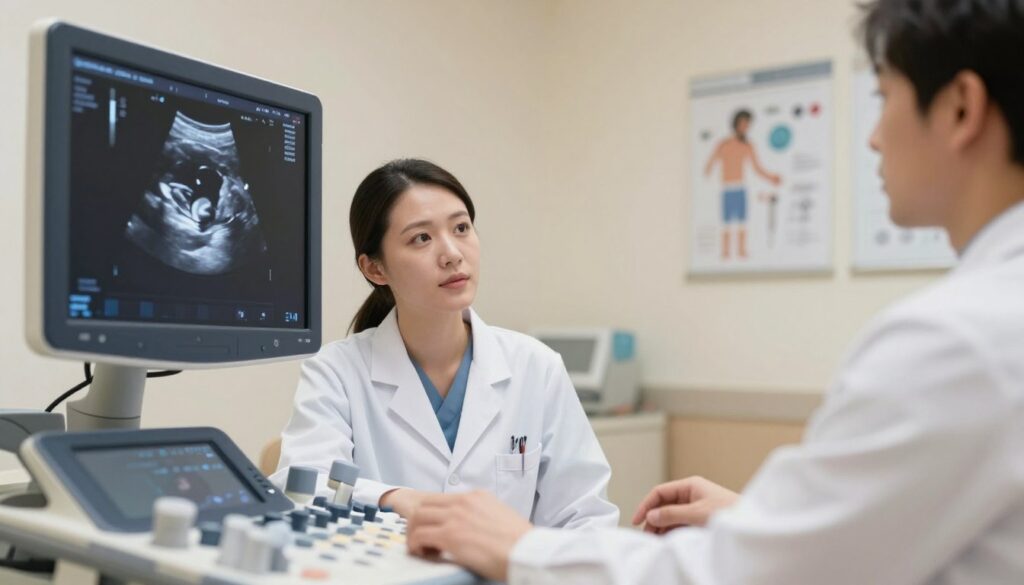 A detailed view of a medical ultrasound scene focusing on a "bicornuate uterus" during pregnancy. The foreground showcases an ultrasound machine displaying a clear image of a bicornuate uterus with a developing fetus, emphasizing the unique shape of the uterus. In the middle ground, a healthcare professional in a lab coat is attentively examining the ultrasound screen, with a look of concentration, ensuring a safe and informative atmosphere. The background includes a softly lit medical room, with neutral tones and subtle medical charts on the walls. The lighting is bright yet gentle, emanating a sense of reassurance and professionalism, conveying the significance of understanding this pregnancy-related condition.