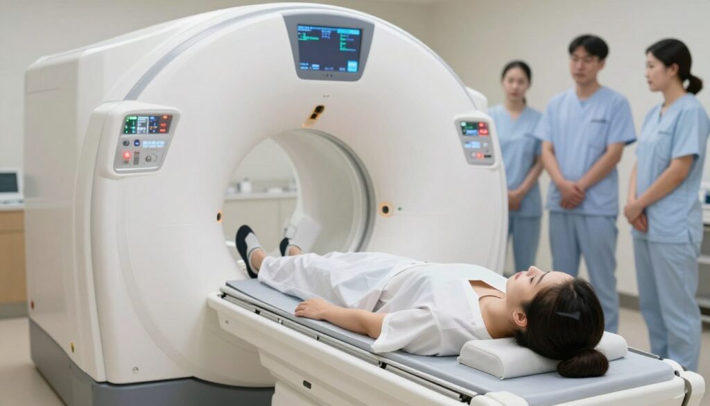 A detailed view of a modern MRI machine inside a well-lit medical facility. The foreground features a patient lying on the MRI bed, dressed in modest hospital attire, preparing for the scan, with a look of calmness and curiosity. In the middle, the MRI machine is robust and high-tech, with various screens displaying subtle, glowing diagnostics and safety information. The background shows medical professionals observing the process, dressed in professional uniforms, ensuring a safe environment. Soft, natural lighting enhances a serene atmosphere, emphasizing a sense of security and professionalism. The scene captures an essence of advanced medical technology, focusing on safety and patient care in diagnostic procedures.