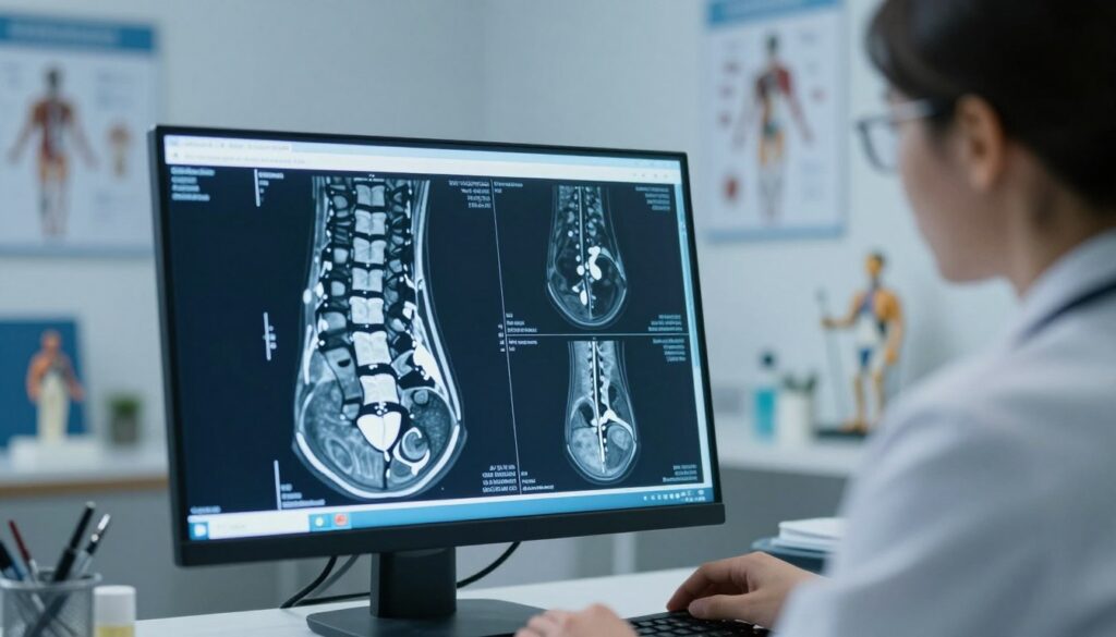 A detailed view of an MRI scan of a human spine, showcasing high-resolution images of vertebrae and intervertebral discs, with clear differentiation between healthy and problematic areas, such as herniated discs or spinal stenosis. The foreground features a computer screen displaying the MRI imagery, illuminated by soft blue light, while a radiologist in professional business attire closely examines the images. In the background, a softly lit medical office filled with anatomical models and medical charts creates a scholarly atmosphere. The overall mood is calm and focused, emphasizing the importance of accurate assessments in radiological examinations. The perspective is slightly angled to capture both the screen and the radiologist's concentration, ensuring clarity and detail in the image. A detailed view of an MRI scan of a human spine, showcasing high-resolution images of vertebrae and intervertebral discs, with clear differentiation between healthy and problematic areas, such as herniated discs or spinal stenosis. The foreground features a computer screen displaying the MRI imagery, illuminated by soft blue light, while a radiologist in professional business attire closely examines the images. In the background, a softly lit medical office filled with anatomical models and medical charts creates a scholarly atmosphere. The overall mood is calm and focused, emphasizing the importance of accurate assessments in radiological examinations. The perspective is slightly angled to capture both the screen and the radiologist's concentration, ensuring clarity and detail in the image.