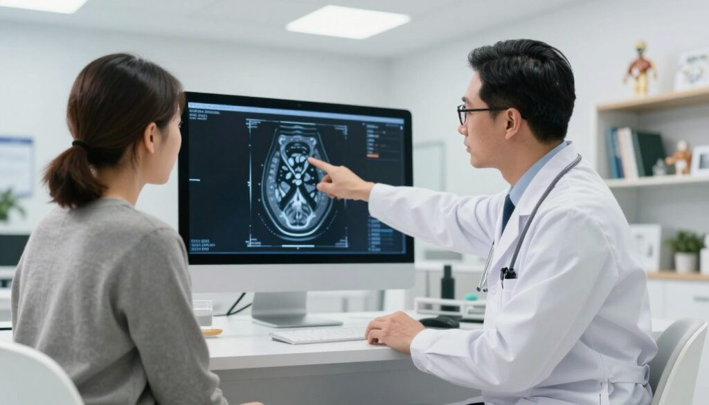 A doctor in a bright, modern medical office is examining a patient. The doctor, wearing a crisp white coat and glasses, points towards a digital MRI scan displayed on a large screen, showcasing the bile ducts. The patient, dressed in modest casual clothing, looks attentive and slightly anxious as they listen to the doctor's explanation. The scene is well-lit with soft overhead lighting, creating a calm and professional atmosphere. In the background, shelves with medical books and anatomical models hint at a comprehensive healthcare environment. The perspective is slightly angled, giving a sense of depth while focusing on the interaction between the doctor and the patient, emphasizing the moment of guidance towards an MRCP scan.