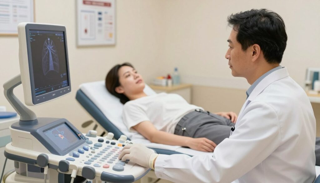 A focused, detailed illustration of a medical setting depicting a lung ultrasound procedure. In the foreground, a medical professional in a white lab coat and gloves operates an ultrasound machine, attentively examining the screen. The middle ground features a patient comfortably reclined on an exam table, looking calm and relaxed. The background includes medical equipment, charts on the walls, and a soft, warm lighting that creates a welcoming, professional atmosphere. The angle captures the interaction between the doctor and the patient, emphasizing care and professionalism. The image should have a clean, clinical feel, with an emphasis on trust and expertise in a private healthcare environment.