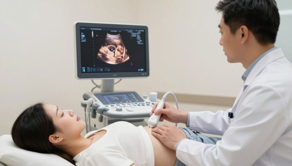 A focused ultrasound scene showing a healthcare professional performing a CRL measurement on a pregnant woman lying on an examination table. The doctor, dressed in professional medical attire, gently holds the ultrasound probe while observing the monitor displaying a clear view of the fetus. The setting is a well-lit clinical room with soft, ambient lighting to create a calm atmosphere. In the background, various medical instruments and ultrasound machines are subtly visible, enhancing the context of the procedure. The angle captures the interaction between the doctor and the ultrasound screen, conveying the meticulous and caring nature of the measurement process. The overall mood is professional and informative, emphasizing the importance of the CRL measurement in prenatal care.