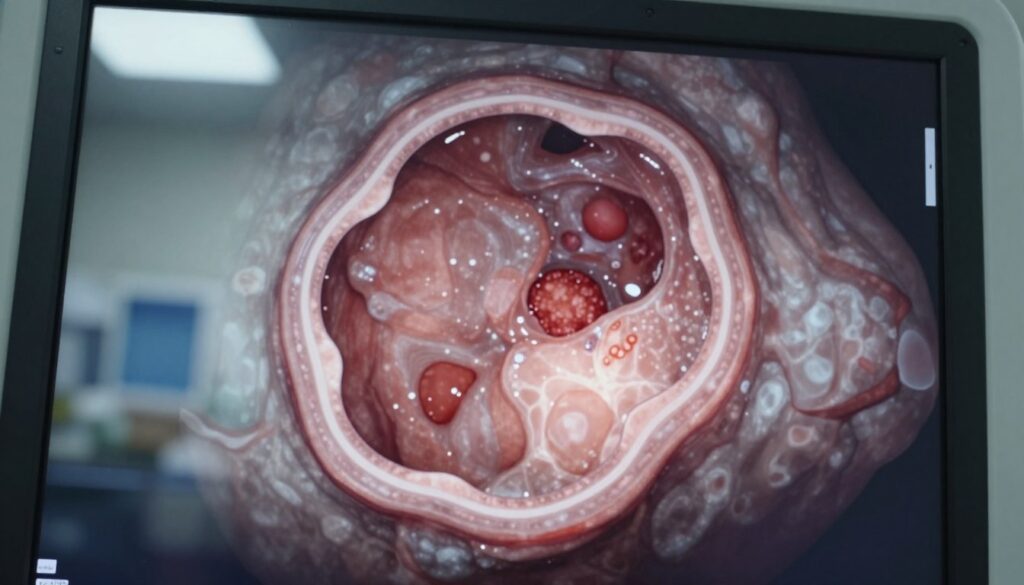 A focused ultrasound view of an ovarian cyst, showcasing its characteristics as a significant medical concern. In the foreground, display a detailed, realistic rendering of the cyst with irregular borders and internal echoes, emphasizing concerning features like solid components or vascularity. The background should be a softly focused hospital setting, creating a clinical atmosphere. Soft, diffused lighting should illuminate the cyst, enhancing the textures and highlights for a more dramatic effect. The angle should be slightly tilted, as if viewing through a diagnostic ultrasound screen. The mood conveys urgency and professionalism, suitable for a medical examination context, without any human subjects or text overlays.