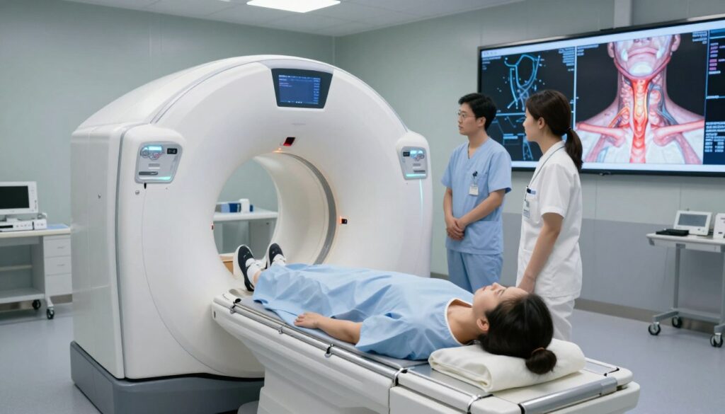 A futuristic medical imaging room featuring a high-tech CT scanner specifically designed for neck tomography. In the foreground, a patient is lying down on the scanner bed, dressed in a hospital gown, with a calm and composed expression. The middle ground showcases the sleek, modern CT scanner with glowing panels and advanced technology, while technicians in professional attire are attentively monitoring the process. In the background, large screens display colorful, detailed images of the neck anatomy from the scans. Soft, clinical lighting illuminates the room, creating a sterile but inviting atmosphere. The angle is slightly elevated, providing a comprehensive view of both the equipment and the patient, emphasizing the importance and sophistication of the medical procedure.