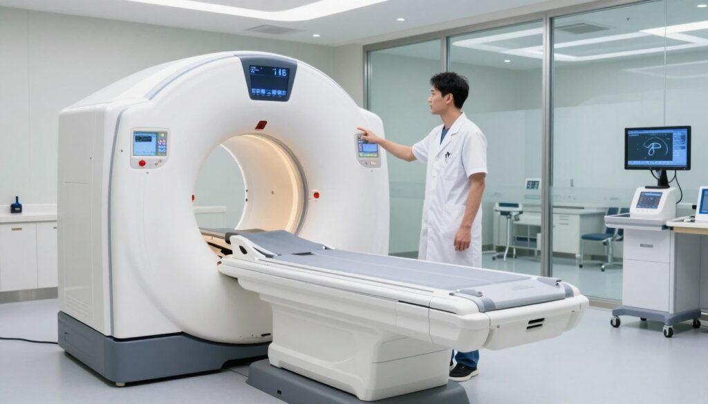 A futuristic medical imaging room showcasing a whole-body CT scanner. In the foreground, the sleek, modern scanner glows softly, with visible displays indicating radiation safety metrics. The middle ground features a professional medical technician in a lab coat, attentively monitoring the scanning process. Bright, even lighting highlights the technology’s advanced features and provides a sterile atmosphere. In the background, large glass windows reveal a well-organized medical facility, bathed in natural light. The mood is one of reassurance and cutting-edge technology, emphasizing safety and innovation in medical imaging. The image should convey a sense of professionalism and scientific advancement, designed to reflect current CT technology and its focus on patient safety.