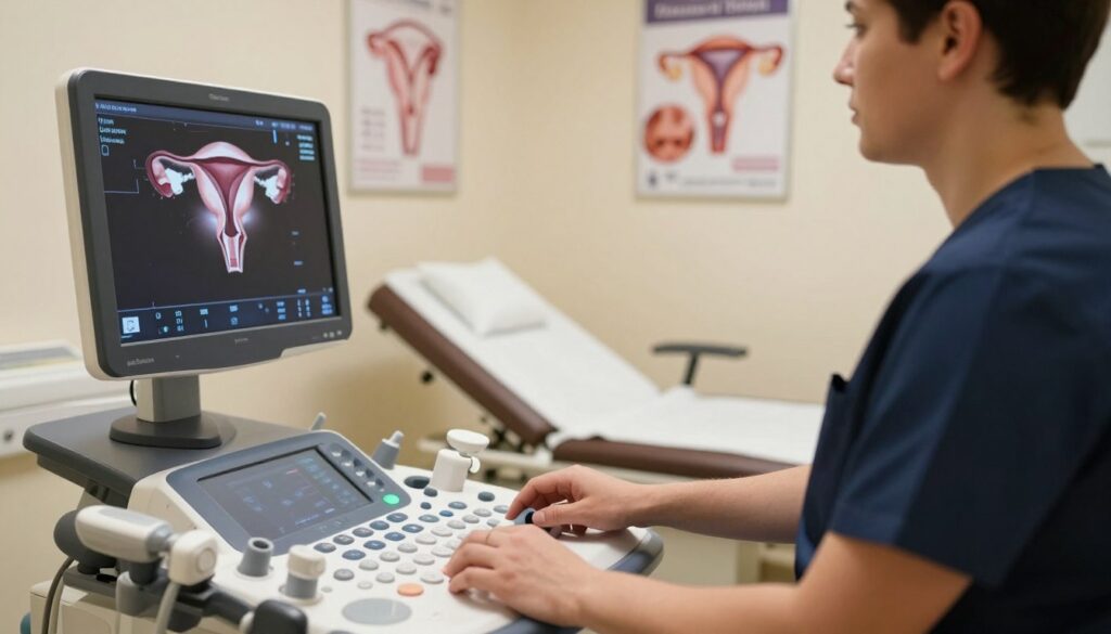 A gynecological ultrasound setup in a medical office, focusing on a diagnostic examination of the uterus. In the foreground, an ultrasound machine with a sensitive monitor displaying an image of the uterus, showcasing clear anatomical details. A healthcare professional, dressed in neat scrubs, is gently operating the device, capturing images with precision. In the middle background, a comfortable examination bed with soft linens, and medical posters about gynecological health on the walls. Soft, warm lighting creates a calming atmosphere, emphasizing the professionalism of the healthcare environment. The angle captures both the practitioner and the monitor, enhancing a sense of trust and care in diagnostics.