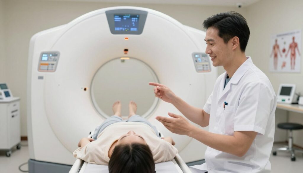 A healthcare professional in a clinical setting prepares a patient for a thoracic spine MRI. The foreground shows a friendly, well-dressed technician explaining the procedure to the patient, who is wearing comfortable, modest clothing. In the middle, an MRI machine looms, illuminated by soft, clinical lighting, showcasing its intricate details. The background features a clean, organized medical room with anatomy charts and medical equipment, creating a professional atmosphere. The overall mood is calm and reassuring, emphasizing the importance of preparation and patient care in medical imaging. The angle is slightly elevated, capturing both the technician's attentive expression and the advanced technology of the MRI machine. No text or logos are included.