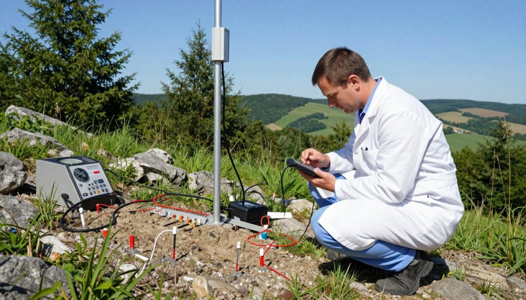 A healthcare professional in a white lab coat is conducting an ERT (Electrical Resistivity Tomography) scan in an outdoor setting in Poland, showcasing rugged natural terrain. In the foreground, the professional focuses intently on a handheld device connected to electrodes placed strategically on the ground. The middle ground features the setup of the ERT system with cables leading towards the electrodes, surrounded by lush greenery and some rocky areas. In the background, there are rolling hills and a clear blue sky. The lighting is bright, with the sun illuminating the scene, creating a sense of clarity and professionalism. The atmosphere conveys a combination of scientific precision and the beauty of the Polish landscape, emphasizing the environment where the ERT examination takes place.