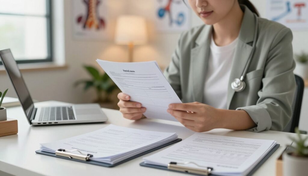 A healthcare professional, wearing a smart casual outfit, reviews essential medical documents for a patient undergoing an MRI of the lumbar spine. The foreground features a well-organized desk cluttered with medical paperwork, including referral letters, medical documentation, and previous test results in neat piles. In the middle ground, the healthcare provider is intently examining a file, surrounded by a calming medical office environment. The background offers soft lighting from a window, casting a gentle glow over the room, with medical posters and a plant adding a touch of warmth. The overall atmosphere is professional, reassuring, and focused, conveying the importance of proper documentation when preparing for medical procedures.