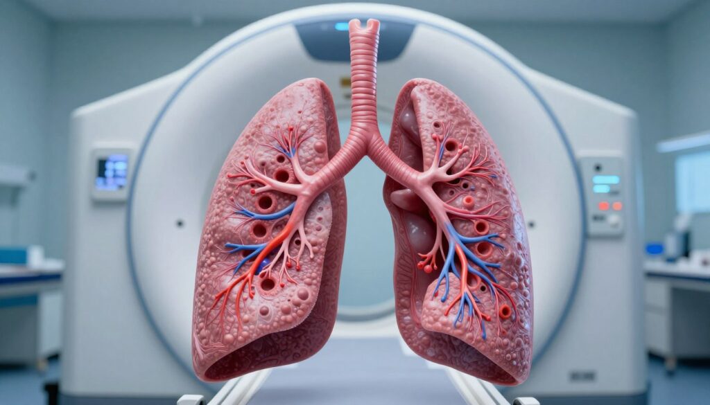 A high-resolution depiction of human lungs, featured prominently in the foreground, displaying intricate anatomical details such as bronchi, alveoli, and blood vessels in vivid colors. The middle ground features a computer tomography (CT) scanner, showcasing its parts like the rotating gantry and advanced imaging sensors, with a soft blue glow emphasizing its high-tech nature. In the background, subtle hints of a medical examination room, with calming lighting that creates a sterile and professional atmosphere. The scene is illuminated with soft, diffused light that enhances the textures and details of the lungs while creating a sense of depth. The overall mood is clinical yet fascinating, inviting viewers to explore the complexities of high-resolution tomography.