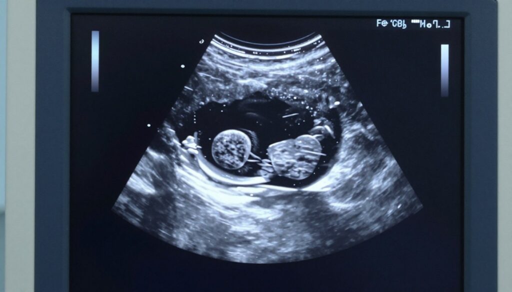 A high-resolution ultrasound image capturing a gestational sac, showcasing its clear, distinct circular shape with a soft, translucent appearance. The ultrasound screen is set against a muted, clinical background, allowing the focus to remain on the gestational sac. Soft, diffused lighting enhances the details, creating a serene, informative atmosphere. The image should be framed as if viewed from the perspective of a clinician, using a realistic lens effect that adds depth to the ultrasound visuals. The scene conveys a sense of professionalism and medical precision, suitable for educational purposes in an article discussing early pregnancy and ultrasound imagery.