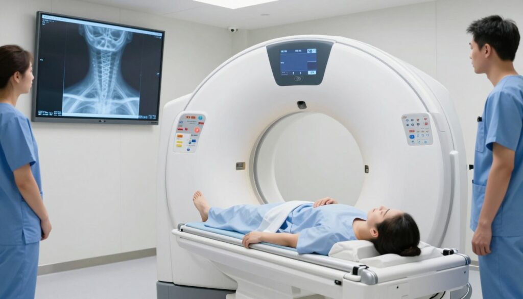 A high-tech medical environment featuring a CT scan machine prominently in the foreground, with a patient lying on the scan bed. The patient, dressed in a hospital gown, appears calm and composed, surrounded by medical professionals in blue scrubs observing the procedure. In the background, a large display screen shows a translucent x-ray image of the neck, highlighting anatomical structures. Bright, sterile white lighting enhances the clinical atmosphere. The camera angle captures the CT machine from a slight upward perspective, emphasizing its technological sophistication. Soft shadows play across the scene, adding depth while maintaining a clean and safe aesthetic. The overall mood is one of professionalism and safety, reflecting the importance of careful imaging techniques in medical diagnostics.