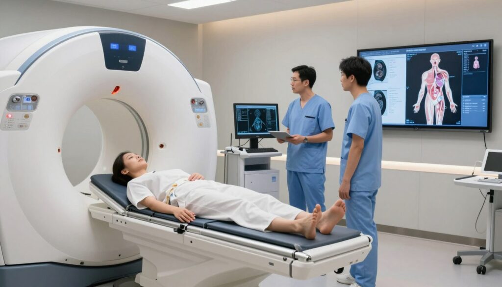 A high-tech medical environment featuring a whole-body MRI machine. In the foreground, a well-lit examination room with a patient lying comfortably on the MRI bed, dressed in modest hospital attire, looking calm and relaxed. The machine has a sleek design, with blue and white hues, indicating advanced technology. In the middle, medical professionals in professional attire are monitoring the process on computer screens, discussing the imaging data with attentive expressions. In the background, a wall-mounted display shows a digital rendering of anatomical scans, highlighting the detailed internal structures of the human body. Soft, ambient lighting enhances the clinical yet serene atmosphere, conveying trust and professionalism in a state-of-the-art healthcare setting. A high-tech medical environment featuring a whole-body MRI machine. In the foreground, a well-lit examination room with a patient lying comfortably on the MRI bed, dressed in modest hospital attire, looking calm and relaxed. The machine has a sleek design, with blue and white hues, indicating advanced technology. In the middle, medical professionals in professional attire are monitoring the process on computer screens, discussing the imaging data with attentive expressions. In the background, a wall-mounted display shows a digital rendering of anatomical scans, highlighting the detailed internal structures of the human body. Soft, ambient lighting enhances the clinical yet serene atmosphere, conveying trust and professionalism in a state-of-the-art healthcare setting.