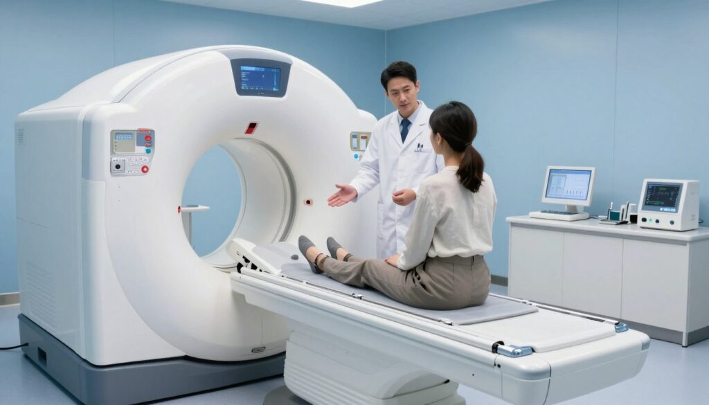 A high-tech medical imaging room featuring a state-of-the-art computed tomography (CT) scanner. In the foreground, a sleek, modern CT machine is prominently displayed, its surfaces gleaming under bright, sterile lighting. A technician, dressed in a professional lab coat, is standing beside the machine, explaining the procedure to a patient seated on the examination table, who is dressed in comfortable, modest clothing. In the middle ground, medical charts and equipment are neatly organized on a counter, emphasizing the professionalism of the environment. The background reveals a softly lit room with calming blue hues, creating a reassuring atmosphere. Capture the scene from a slightly elevated angle to enhance the feeling of depth and sophistication, ensuring all elements are sharp and well-defined, conveying a mood of clarity and trust in medical technology.