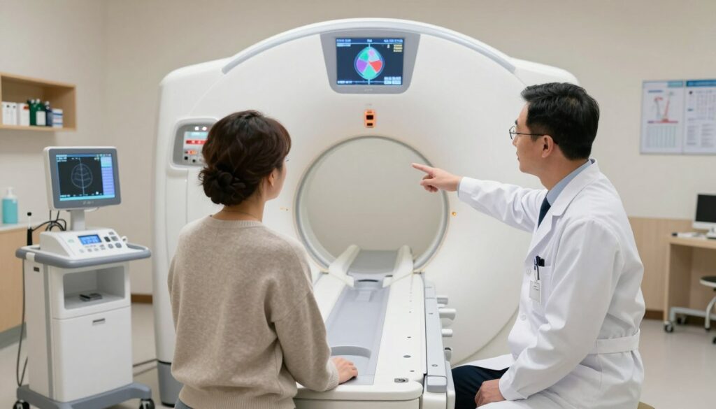A high-tech medical imaging room featuring an MRI machine at the center. In the foreground, a well-dressed doctor in a white coat and a patient in comfortable, modest clothing are engaged in discussion about the MRI procedure. The doctor points towards a screen displaying anatomical images with contrasting colors highlighting areas of interest. The middle ground showcases the MRI machine, which is sleek and modern, surrounded by medical equipment, with soft, diffused lighting that creates a calm atmosphere. The background includes shelves with medical supplies and charts. The overall mood feels professional yet reassuring, emphasizing the importance of informed decisions regarding contrast use in MRI scans.