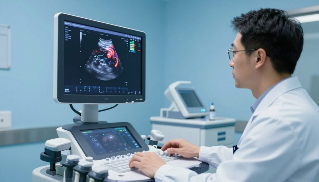 A high-tech medical ultrasound room featuring a cutting-edge Contrast-Enhanced Ultrasound (CEUS) machine. In the foreground, a focused medical professional in a lab coat examines a vibrant ultrasound screen displaying intricate and colorful images of internal organs with highlighted blood flow. The middle ground contains modern medical equipment, while the background shows calming blue walls and soft lighting, creating a serene atmosphere. The camera angle is slightly tilted down, emphasizing the interaction between the physician and the ultrasound imagery. The image captures the complexity and details of CEUS technology, along with the factors affecting image quality, illustrating a balance of professionalism and advanced medical practice.