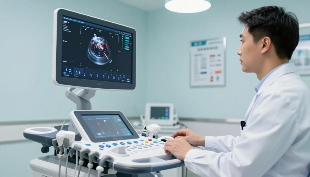 A high-tech ultrasound machine displayed prominently in a medical examination room, showcasing its various imaging modes. In the foreground, the ultrasound device is sleek and modern, featuring a bright screen displaying colorful images of anatomical structures. The middle ground contains a medical professional in a lab coat, focused on the machine's interface, with a look of concentration. The background shows a clean, sterile environment with medical charts and a soft, diffused lighting emitting from an overhead lamp, creating a clinical yet inviting atmosphere. Emphasize the contrast of the machine's high-resolution display against the serene wall colors of the room, highlighting the technology’s functionality. The overall mood is professional, informative, and focused on advanced medical imaging technology.