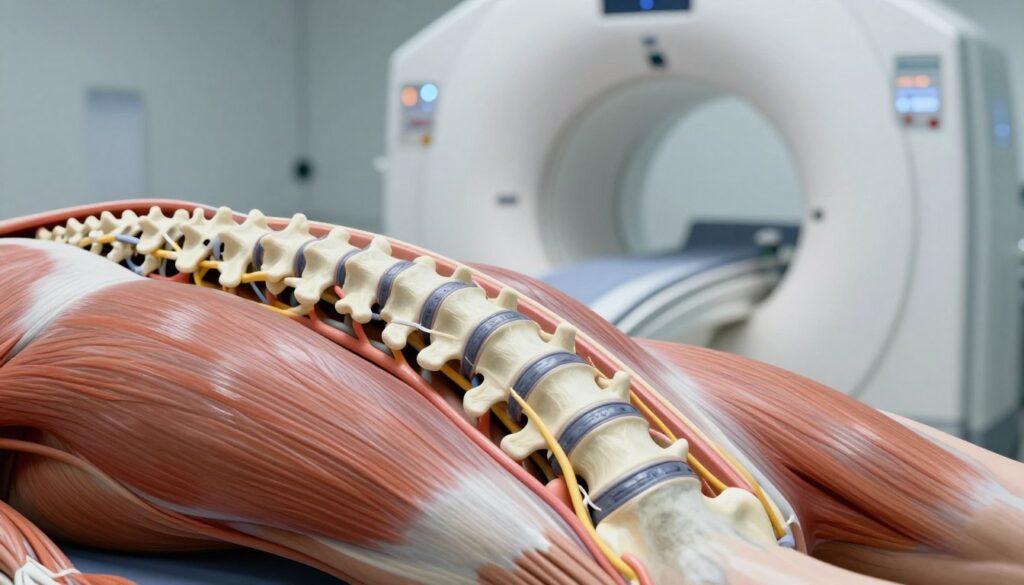 A highly detailed medical illustration depicting compression and displacement of anatomical structures in the human body, focusing on the spinal column and surrounding tissues. In the foreground, highlight a cross-section of the spine with clearly labeled vertebrae, discs, and nerve pathways. In the middle ground, show surrounding muscles and soft tissues, illustrating potential areas of compression. The background should feature a blurred representation of a magnetic resonance imaging (MRI) machine, emphasizing a clinical setting. Use soft, clinical lighting to evoke a sterile atmosphere, with a slight focus on highlighting the structures of the spine. The composition should convey a sense of medical professionalism and seriousness, intended for educational purposes in the field of radiology.