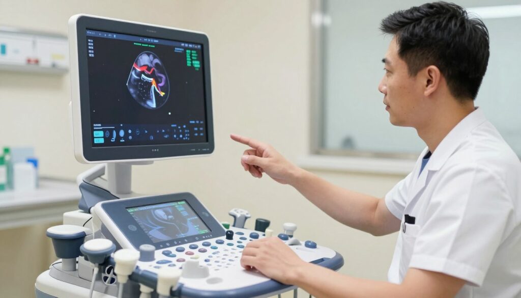 A highly detailed medical illustration of a Doppler ultrasound of renal arteries, showcasing the equipment in operation. In the foreground, a sleek ultrasound machine with a clear display showing color-coded blood flow patterns, positioned at an angle to reveal its advanced technology. In the middle ground, a healthcare professional in professional attire, focused on the screen, gestures towards the display with a look of concentration. The background features soft, ambient lighting, creating a clinical yet welcoming atmosphere, with sterilized medical surfaces and tools subtly included. The focus is on the ultrasound screen and the interaction between the professional and the device, conveying a sense of precision and medical expertise in kidney examinations.