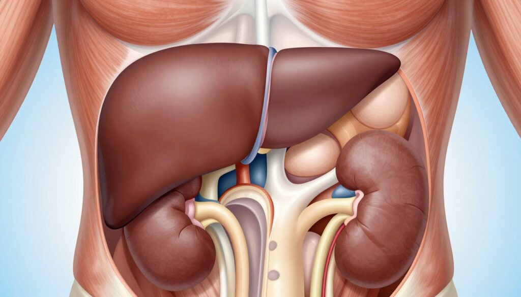A highly detailed medical illustration showing the Morrison's pouch (hepatorenal recess) in the right upper quadrant of the abdomen. The foreground should feature anatomical structures such as the liver and right kidney, showcasing their relationship, with a clear view of the fluid space between them. The middle ground should depict muscle layers and surrounding organs, emphasized with appropriate shading to highlight the anatomy. The background should be a soft gradient, enhancing the focus on the anatomical details. The lighting should be soft and well-distributed, suggesting a sterile medical environment. The image should evoke a sense of professionalism and clarity, suitable for educational purposes, with no text or labels present.