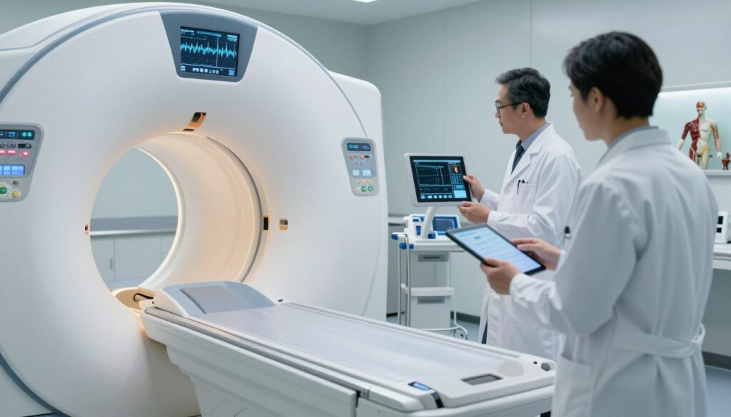 A highly detailed medical imaging scene featuring a modern MRI machine surrounded by an advanced diagnostic room. In the foreground, focus on a sleek MRI scanner with illuminated compartments, showcasing high-tech interface screens displaying wave patterns of magnetic resonance signals. In the middle ground, a medical professional in a white lab coat examines results on a digital tablet, emphasizing their concentration and expertise. The background should depict a well-lit, sterile environment with medical equipment and anatomical models subtly placed to convey a clinical atmosphere. Use cool, clinical lighting with soft shadows to enhance the professionalism of the setting, shot at a slight angle to give depth to the image. The overall mood should reflect seriousness and professionalism, suitable for a scientific article.