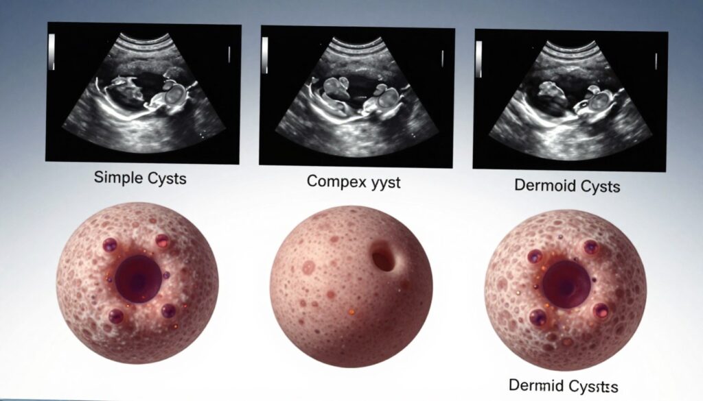 A highly detailed, medical ultrasound image depicting various types of ovarian cysts, arranged clearly for educational purposes. The foreground illustrates distinct cyst types, such as simple cysts, complex cysts, and dermoid cysts, with clear outlines and varying textures to differentiate them. The middle section features labeled ultrasound cross-sections with color intensity variations to highlight fluid-filled and solid aspects. The background should be a soft gradient that reinforces the clinical setting without distraction, evoking a professional atmosphere. Soft, diffused lighting is required to ensure clarity and focus on cyst details without harsh shadows. The angle should be slightly angled to showcase the depth of the cyst images.