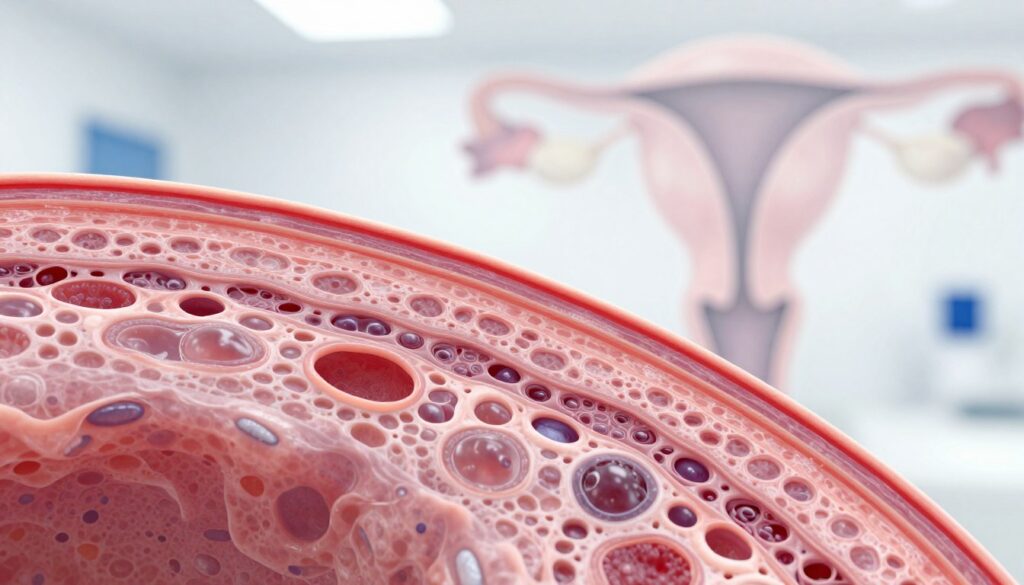 A highly detailed representation of the endometrium, showcasing its intricate layering and texture. The foreground features a close-up view of the endometrial lining, emphasizing the unique patterns of the tissue. In the middle ground, depict a faint outline of the uterus for anatomical context, with translucent shading to suggest depth. The background is softly blurred to direct focus on the endometrium, with gentle lighting to create a clinical atmosphere, simulating the effect of a medical imaging technique. Use a macro lens perspective to highlight the cellular structures within the endometrium. The overall mood is informative and professional, suitable for a scientific article, enhancing understanding of reproductive health.