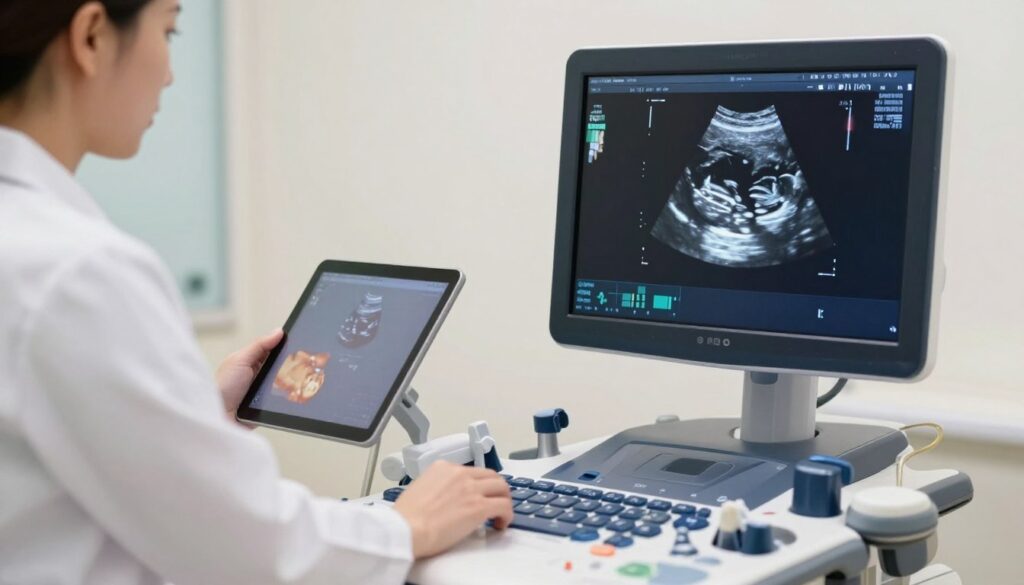 A highly detailed ultrasound image displaying the key parameters of pregnancy, with a sleek, modern ultrasound machine in the foreground. The screen prominently showcases various measurements and abbreviations related to fetal development, such as "FL" (femur length) among other relevant metrics, arranged aesthetically for clarity. The setting is a well-lit, professional medical environment, conveying a sense of care and expertise. The soft lighting enhances the image's clarity and detail, creating a calm and informative atmosphere. In the background, a healthcare professional, dressed in a white lab coat, attentively reviews the ultrasound data on a tablet, emphasizing the analytical aspect of interpreting results. The composition highlights the intersection of technology and maternal health.