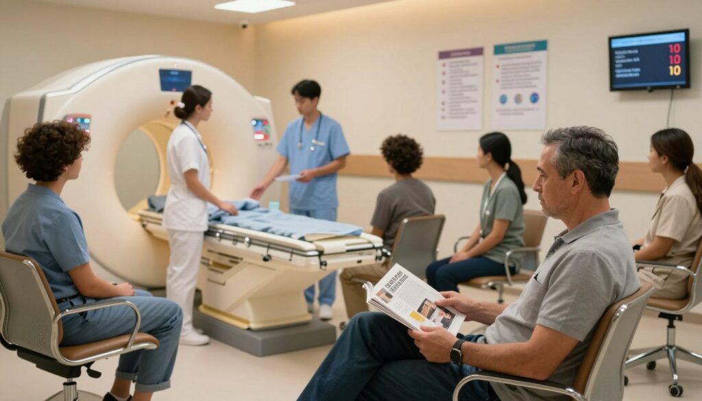 A hospital waiting room dedicated to MRI scans, featuring a diverse group of patients in professional attire, anxiously awaiting their turn. In the foreground, a middle-aged man sits in a comfortable chair reading a magazine, glancing occasionally at a digital screen displaying estimated wait times. In the middle ground, a nurse interacts with a young woman, providing reassurance about the upcoming procedure. The background showcases a wall adorned with informational posters about MRI safety and procedures, softly illuminated by warm, ambient lighting. The atmosphere is calm yet expectant, conveying the urgency and importance of timely medical diagnostics. The scene is captured from a slightly elevated angle, emphasizing the interaction and the emotional weight of anticipation.