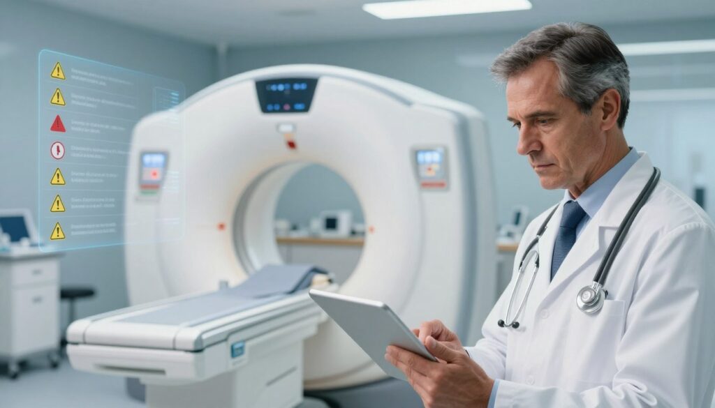 A medical consultation room showcasing the concept of contraindications. In the foreground, a well-dressed medical professional, a middle-aged Caucasian male, is thoughtfully reviewing a digital tablet with a serious expression. In the middle ground, there is a sleek MRI scanner, gleaming under bright, clinical lighting. Around the scanner, visual symbols representing contraindications—such as a list of warnings, medical symbols, and caution signs—are artistically displayed, creating an informative ambiance. The background features soft, blurred medical equipment and a calming color palette of blues and whites, enhancing the professional atmosphere. The image conveys a sense of caution and care in a medical setting, focusing on patient safety and the importance of adhering to health guidelines.