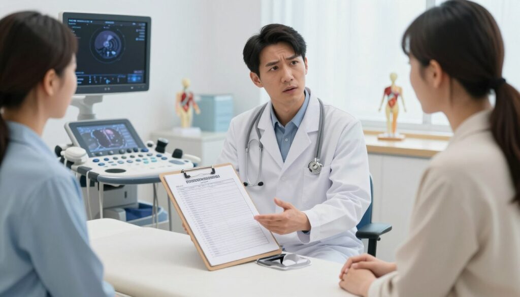 A medical consultation scene set in a well-lit examination room, showcasing a healthcare professional dressed in a white lab coat and professional attire, discussing potential contraindications for a transrectal ultrasound with a patient seated on an examination table. The foreground features a detailed medical chart and a digital display showing relevant anatomical diagrams. In the middle, a doctor is gesturing towards the chart, emphasizing caution with concerned expressions. The background includes medical equipment like an ultrasound machine, anatomical models, and a window letting in soft daylight, creating a calm and professional atmosphere. The overall mood is informative and respectful, highlighting the significance of understanding contraindications in medical examinations.