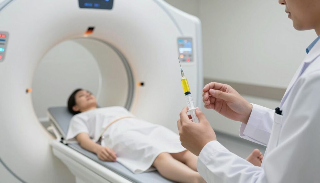 A medical examination room depicting an MRI machine with a focus on contrast agents being prepared for use. In the foreground, a healthcare professional in a white lab coat carefully holds a syringe filled with a bright, vivid contrast solution, ready for administration. The middle ground presents the sleek, high-tech MRI scanner, its circular opening casting soft reflections on nearby surfaces. In the background, a patient lies on a gurney, wearing a modest medical gown, looking calm and reassured. The room is lit with soft, clinical lighting, creating a sterile yet welcoming atmosphere. The overall mood emphasizes safety and professionalism, while highlighting the importance of food and hydration restrictions related to MRI procedures.