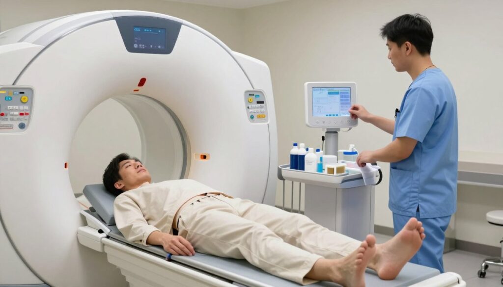 A medical examination room featuring a modern MRI machine with a focus on the knee area. In the foreground, a patient wearing comfortable medical attire lies on the MRI bed, looking calm and prepared. The technician, dressed in professional medical scrubs, adjusts the machine’s settings, exuding a sense of expertise and care. Soft, diffused overhead lighting enhances the sterile, yet reassuring atmosphere of the room. In the middle ground, medical equipment like contrast agents and preparation materials are neatly organized on a tray. In the background, the MRI machine's sleek design and digital interfaces are visible, showcasing advanced technology. The overall mood is one of professionalism and tranquility, emphasizing the importance of preparation for a knee MRI with contrast.