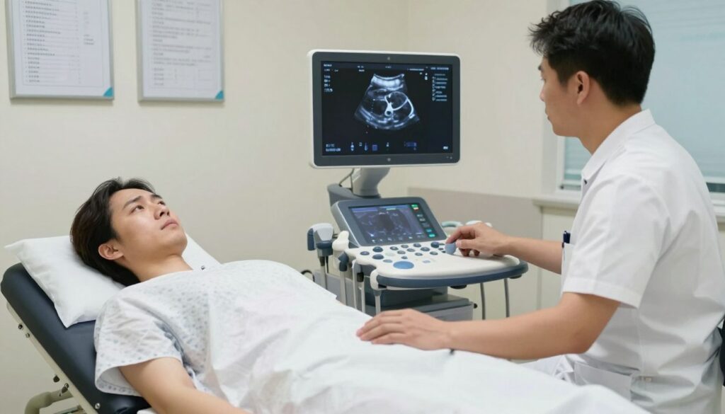 A medical examination room featuring a patient undergoing an abdominal ultrasound. In the foreground, the patient lies comfortably on an examination table, wearing a hospital gown, looking slightly anxious yet hopeful. A skilled technician, dressed in professional attire, operates an ultrasound machine, observing the screen with attention. The middle ground shows the ultrasound monitor displaying a clear, detailed image of the abdominal aorta, emphasizing the critical focus of the examination. The background features medical charts on the walls, soft ambient lighting, and sterile medical equipment, creating a calm and professional atmosphere. The scene is shot with a slightly elevated angle to capture both the technician’s concentration and the patient’s expression, highlighting the step-by-step process of the ultrasound examination.