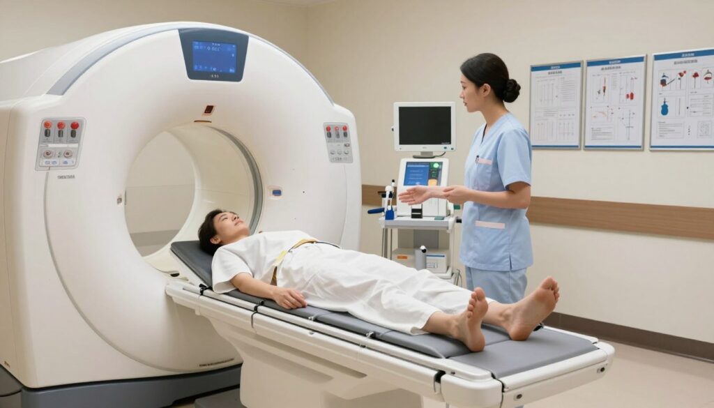 A medical examination room featuring an MRI (Magnetic Resonance Imaging) machine prominently in the foreground, showcasing its sleek, futuristic design. A patient lying on the examination table, dressed in modest hospital gowns, being prepared for the procedure by a nurse in professional scrubs, who is explaining the process. The middle ground includes medical equipment like contrast agents and monitors, with a wall filled with medical charts in the background. Soft, diffused lighting fills the room, creating a calm and reassuring atmosphere. The angle captures the patient’s perspective, looking towards the MRI machine, emphasizing the intricacies of the medical environment and the preparation process for the MRI with contrast.