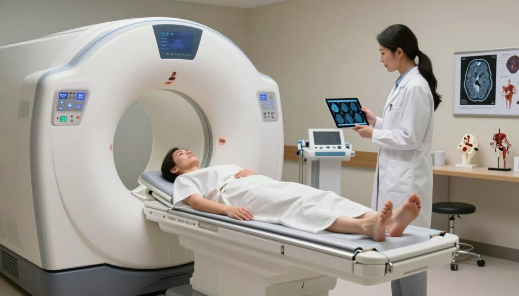 A medical examination room featuring an MRI machine designed for head scans, prominently positioned in the foreground. The MRI machine is high-tech, with sleek, modern lines and illuminated control panels. In the middle ground, a patient, dressed in a comfortable hospital gown, is lying on the exam table, ready for the scan, exuding a calm demeanor. A medical professional in a white lab coat stands by, reviewing scan images on a digital tablet, reflecting confidence and expertise. The background showcases clinical elements like charts of brain imaging, anatomical models, and soft, ambient lighting creating a serene atmosphere. The overall composition should emphasize the advanced technology used to detect common diseases, along with a professional and reassuring mood.