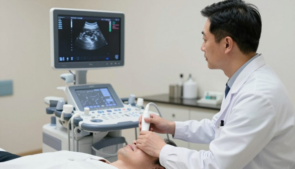 A medical examination room focused on a transrectal ultrasound biopsy of the prostate. In the foreground, a professional male doctor in a white lab coat, attentively guiding a transrectal ultrasound probe while looking at a monitor displaying ultrasound images. The middle ground features a high-tech ultrasound machine with digital displays and a gel-covered probe. The background shows medical instruments on a table, and a sterile environment with soft, clinical lighting. The atmosphere is calm and focused, emphasizing precision and care in the biopsy process. Capture the setting from an eye-level angle to highlight the interaction between the doctor and the ultrasound equipment, conveying professionalism in a medical context.