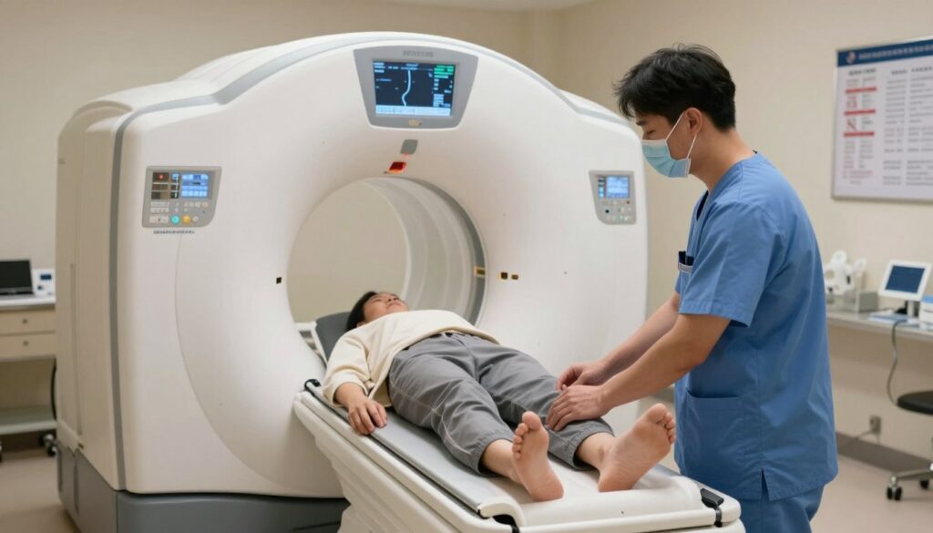 A medical examination room focusing on a knee MRI procedure. In the foreground, a professional technician in scrubs is preparing a patient lying on an MRI machine. The patient is wearing comfortable, modest clothing, and appears relaxed. The middle ground captures the advanced MRI machine with visible controls and digital screens displaying medical data. The background features soft, ambient lighting to create a calming atmosphere, with medical equipment and informational posters on the walls. The scene conveys a sense of professionalism and care, emphasizing the importance of the knee MRI scan process and the duration of the examination. The image should be clear, well-lit, and detailed, showcasing the technology and environment in a healthcare setting.