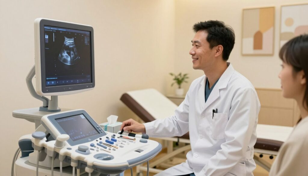 A medical examination room focusing on an ultrasound (USG) setup. In the foreground, a clean, modern ultrasound machine with a screen displaying a medical image, alongside neatly arranged tools and a tissue box. In the middle ground, a respectful depiction of a professional healthcare worker in a clean, crisp lab coat, preparing the machine while smiling at a patient out of view. The background features soft, warm lighting illuminating the room, with a comfortable examination table and calming wall art to create an inviting atmosphere. The overall mood should be reassuring and professional, conveying the importance of preparing for a medical examination.