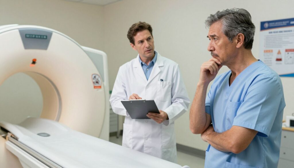 A medical examination room, well-lit with soft, neutral lighting. In the foreground, a concerned middle-aged person in professional attire stands beside a medical imaging machine, displaying a thoughtful expression, conveying anxiety about their recent alcohol consumption before an MRI scan. In the middle, a medical professional dressed in a lab coat offers guidance, gesturing towards informational materials on a clipboard. The background features medical equipment and posters about MRI procedures, creating a clinical atmosphere. The overall mood is serious yet supportive, emphasizing the importance of discussing alcohol intake with healthcare providers before undergoing medical imaging. The angle is slightly elevated, capturing both figures and the machine in a cohesive frame.