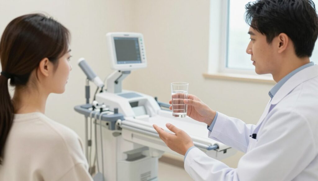 A medical examination room with a clean, bright atmosphere. In the foreground, a doctor in a professional white coat is holding a clear glass of water, emphasizing the importance of hydration before a medical procedure. The image captures the doctor gently explaining hydration recommendations to a patient, who is seated and attentively listening. In the middle ground, a medical scanning machine is visible, showcasing technological equipment used for MRI scans. Soft, natural lighting illuminates the room, creating a calm and reassuring atmosphere. The background features neutral-colored walls and a small window letting in natural light, enhancing the inviting environment while maintaining a professional setting. The overall mood is informative and supportive, highlighting the significance of pre-examination hydration.