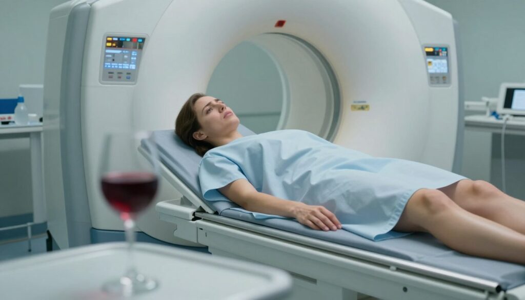 A medical examination room, with a patient lying on an MRI table, looking concerned, dressed in a modest hospital gown. In the foreground, a glass of red wine sits on a nearby table, slightly out of focus, symbolizing the potential dangers of alcohol consumption before a medical procedure. The midground features medical equipment, with a large MRI machine looming in the background, bathed in soft, clinical lighting that highlights the sterile environment. The atmosphere is tense yet subtly informative, emphasizing the seriousness of the situation. The angle is slightly overhead, providing a clear view of the patient and the wine glass, with a calm color palette of whites and blues to convey a clinical but unsettling mood.
