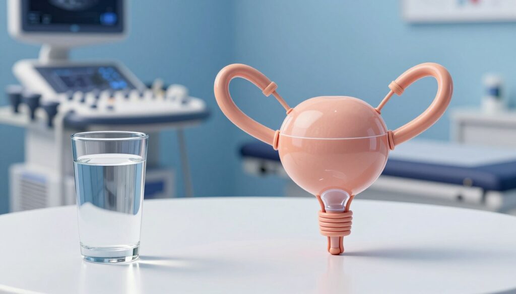 A medical illustration depicting the concept of bladder filling before an ultrasound (USG). In the foreground, a clear glass of water sits on a clean, white table, radiating a sense of freshness and hydration. The middle ground features a close-up of a human bladder, anatomically accurate, slightly transparent, showing fluid levels to indicate fullness. In the background, a soft-focus medical examination room is visible, equipped with an ultrasound machine and calming blue walls, enhancing a tranquil atmosphere. The lighting is bright, emphasizing clarity and professionalism, while casting gentle shadows for depth. The overall mood is informative and clinical, designed to educate readers on the importance of bladder preparation for ultrasound procedures.