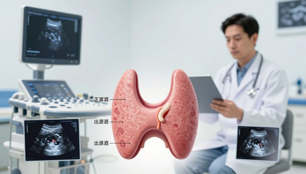 A medical illustration featuring a detailed representation of the thyroid gland's volume in children, positioned centrally in the foreground. The gland is shown in a cross-sectional view, highlighting its size and structure with labels indicating the normal volume range for pediatric patients. Surrounding the thyroid, images of ultrasound equipment and scanning images to emphasize the examination process in a clinical setting. The middle ground displays a pediatrician analyzing ultrasound results, dressed in professional attire, showcasing a focused expression. In the background, a clean and bright pediatric examination room is visible, with soft lighting, creating an informative and clinical atmosphere. The overall mood is educational and professional, aimed at enhancing the understanding of thyroid dimensions in children.