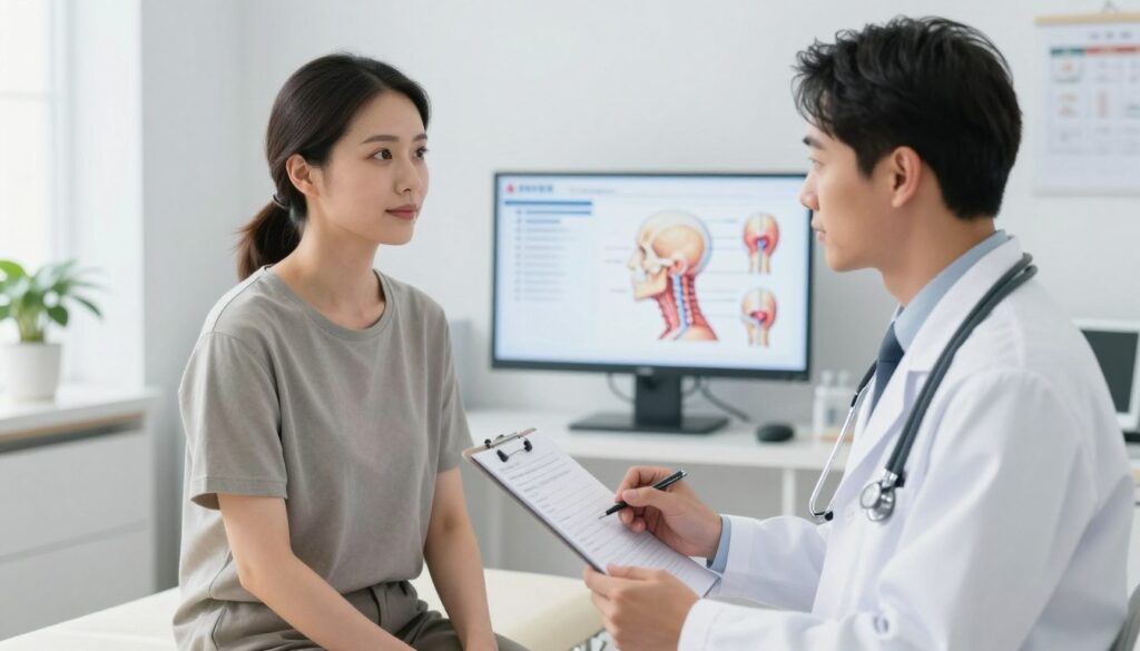 A medical illustration showcasing a doctor examining a patient's head and neck region with a focus on the relationship between cranial and cervical areas. In the foreground, a doctor in a white lab coat, with a stethoscope around their neck, is attentively reviewing a medical chart. The patient, dressed in modest casual attire, is sitting upright on an examination table, looking engaged and calm. In the middle ground, anatomical diagrams of the head and neck can be seen on a digital screen, highlighting critical areas of concern. The background features a clean, modern medical office with soft, diffused lighting, creating a reassuring and professional atmosphere. The angle is slightly elevated, capturing both the doctor and patient’s expressions effectively.