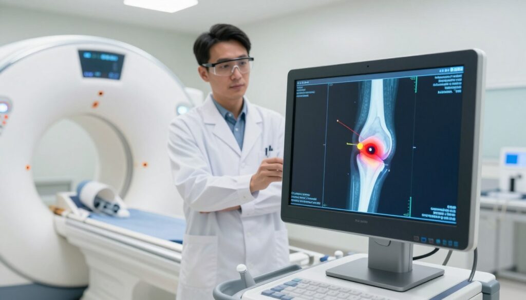 A medical imaging scene focused on the concept of "contrast enhancement" in motion systems, showcasing an MRI machine in a bright, sterile hospital environment. In the foreground, a detailed view of the MRI monitor displaying a vibrant and clear cross-sectional image of a knee joint, highlighting areas where contrast agents are utilized. In the middle ground, a health professional in a white lab coat, wearing safety glasses and examining the images attentively. The background features a well-equipped MRI room, with soft, diffused clinical lighting that emphasizes cleanliness and professionalism. The atmosphere should convey a sense of advanced medical technology and precision in diagnostics, without any human subjects appearing overly casual or inappropriately dressed. Focus on clarity and realism in the depiction.