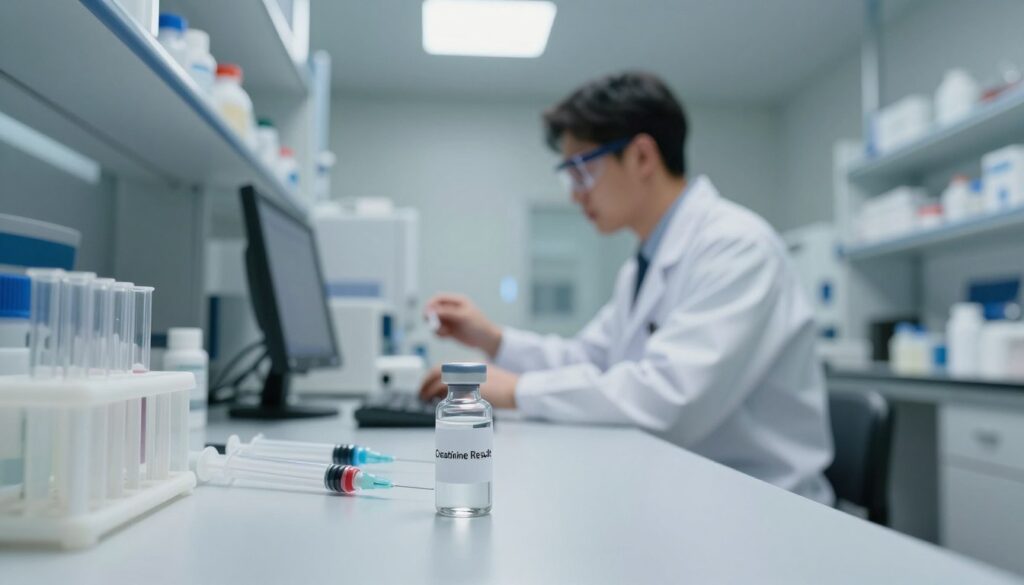 A medical lab setting, showcasing a sterile environment with a focus on a laboratory table. In the foreground, a glass vial labeled "Creatinine Result" lies surrounded by clean medical instruments, such as syringes and test tubes. In the middle, a healthcare professional in a white lab coat, wearing safety goggles, is carefully analyzing the results on a digital screen, demonstrating concentration and attention to detail. The background features shelves with medical supplies and equipment, creating a sense of a busy laboratory. Soft, diffused overhead lighting enhances the clarity of the scene, casting gentle shadows that add depth and dimension. The overall mood is professional, precise, and clinical, emphasizing the importance of accurate creatinine testing prior to a tomography procedure.