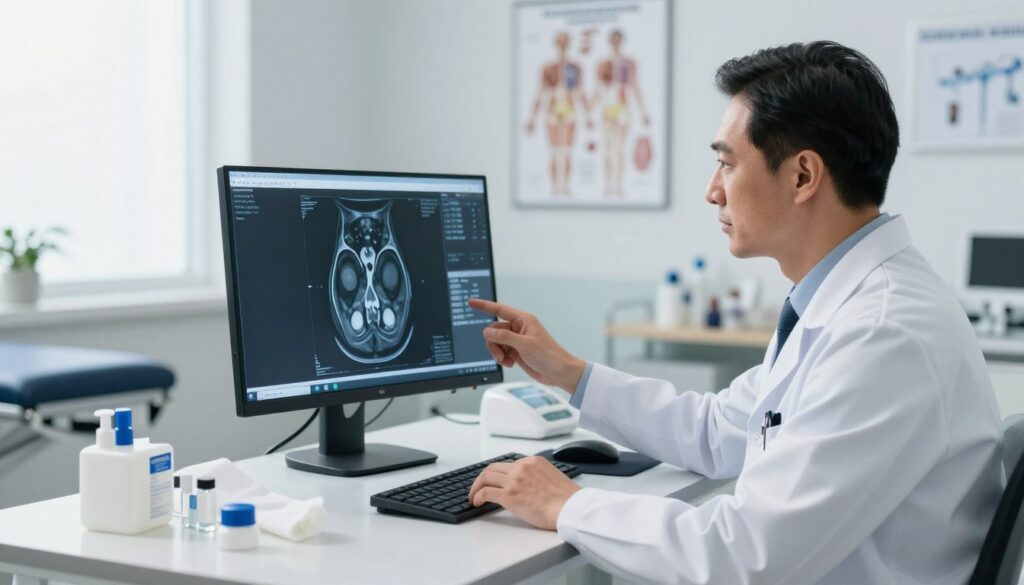 A medical office environment focusing on the concept of prostate biopsy in the context of MRI diagnostics. In the foreground, a professional male doctor in a white lab coat, diligently examining an MRI scan on a screen, with a focused and thoughtful expression. The middle ground features a modern computer workstation with medical imaging software visible, showcasing clear, detailed images of the prostate area. The background shows a softly lit, sterile examination room with anatomical charts and medical instruments neatly arranged. Natural light filters through a window, creating a calm and professional atmosphere, emphasizing the importance of advanced imaging technology in prostate cancer detection. Set the camera at a slightly elevated angle to capture the workspace and environment efficiently.